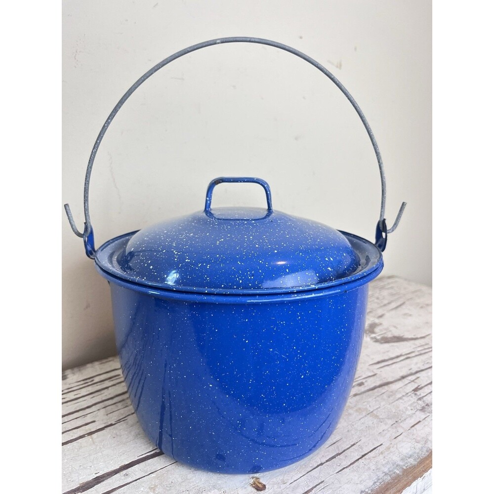 Vintage Blue And White Speckled Enamel Pot W/ Lid And Handle Indoor Outdoor 10”
